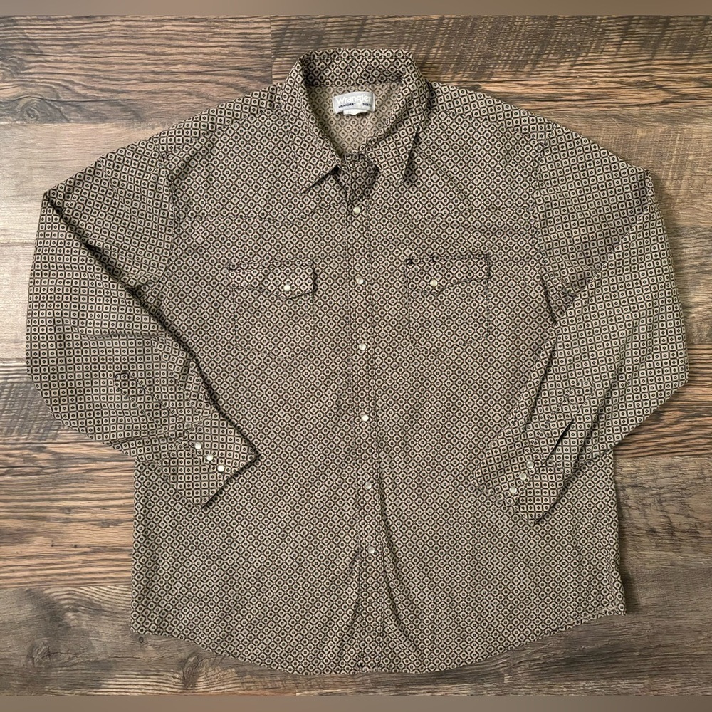 Men's‎ Wrangler Wrancher Button Up Western Pearl Snap Tan Geometric Size XXL